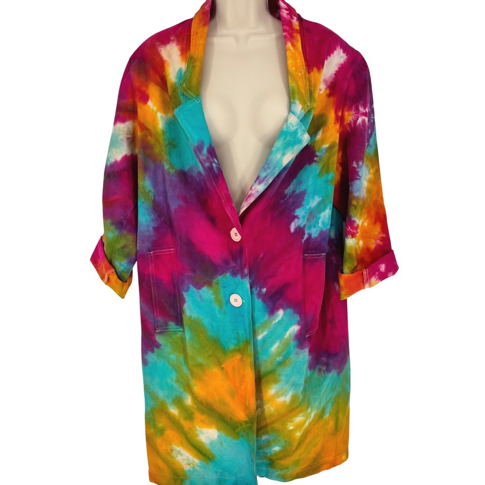 VTG 90s Tarazzia Sport Cotton Denim Trench Duster Custom Tie Dye Sz L/XL